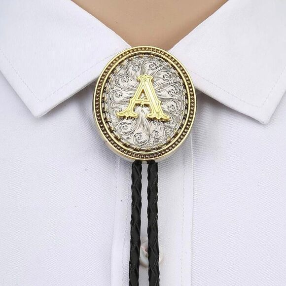 Bolo Tie Initial A Mens Casual Western Cowboy Gold And Silver Accessory New - Picture 2 of 5
